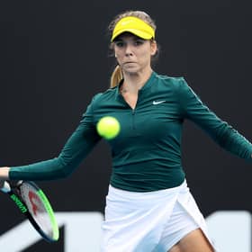 Britain's Katie Boulter plays a forehand in her win over Coco Gauff at the WTA 500 Gippsland Trophy tournament at Melbourne Park. Picture: Jack Thomas/Getty Images