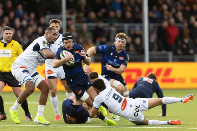 Edinburgh's Darcy Graham in the thick of the action against Castres after replacing Harry Paterson in the ninth minute of the 34-21 win in the Challenge Cup.  (Photo by Ross Parker / SNS Group)