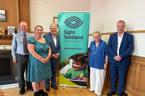 Scotland’s Culture Secretary Angus Robertson, Alistair Mackie, Chief Executive of the Royal Scottish National Orchestra, Mark Ballard, Head of External Affairs and Campaigns at Sight Scotland and Sight Scotland Veterans with Policy Group members Amanda Whitfield and Hazel Kelly.