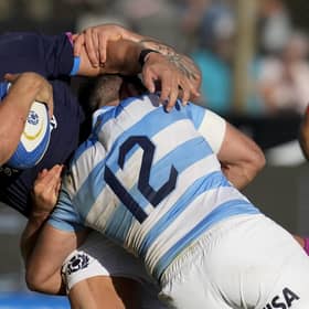 Scotland's Duhan van der Merwe, left, is tackled by Argentina's Los Pumas Jerónimo de la Fuente during their rugby test match in Salta, Argentina, Saturday, July 9, 2022. (AP Photo/Natacha Pisarenko)