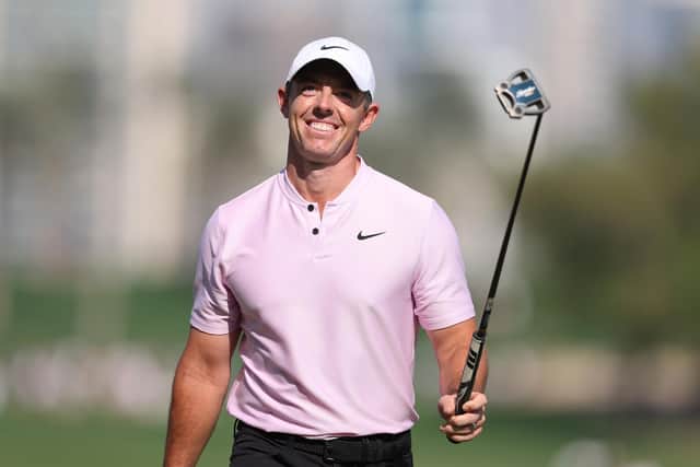 Rory McIlroy celebrates after holing an eagle putt on the 18th green during round three of the Hero Dubai Desert Classic at Emirates Golf Club. Picture: Richard Heathcote/Getty Images.