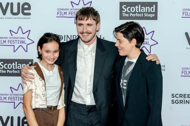 Lead actors Frankie Corio and Paul Mescal, with Charlotte Wells, the writer and director of Aftersun, which opened the 2022 Edinburgh International Film Festival.