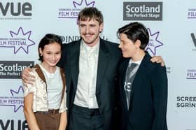 Lead actors Frankie Corio and Paul Mescal, with Charlotte Wells, the writer and director of Aftersun, which opened the 2022 Edinburgh International Film Festival. 