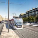 An artistic impression of a tram passing through Elm Row on Leith Walk.