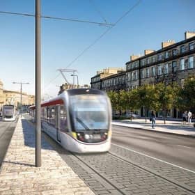 An artistic impression of a tram passing through Elm Row on Leith Walk.