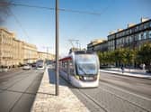An artistic impression of a tram passing through Elm Row on Leith Walk.