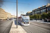 An artistic impression of a tram passing through Elm Row on Leith Walk.