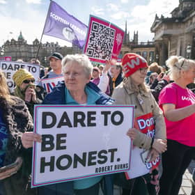 Protestors take part in the Let Women Speak rally following the Hate Crime and Public Order (Scotland) Act coming into force, outside The Royal Scottish Academy in Edinburgh on Saturday, April 6, 2024. (Picture: Jane Barlow/PA Wire)