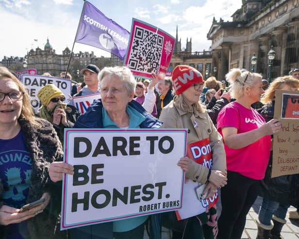 Protestors take part in the Let Women Speak rally following the Hate Crime and Public Order (Scotland) Act coming into force, outside The Royal Scottish Academy in Edinburgh on Saturday, April 6, 2024. (Picture: Jane Barlow/PA Wire)