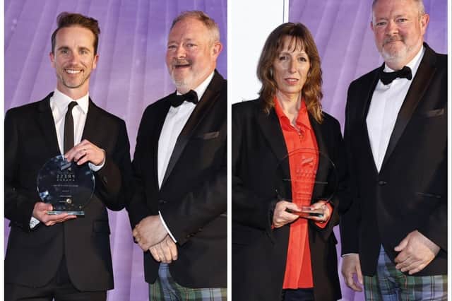 Head of News Dale Miller accepts the award on behalf of Aidan Smith (left), Janet Christie picks up the Arts/Entertainment award for the second year running
