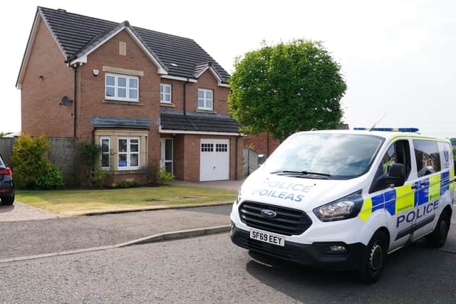 A police van  outside former first minister of Scotland Nicola Sturgeon's home, in Uddingtson, Glasgow, after she was arrested in the police investigation into the SNP's finances.