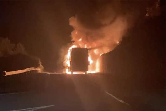 The football supporters' bus ablaze near Auchterarder in November. Picture: Lee Robertson/Facebook