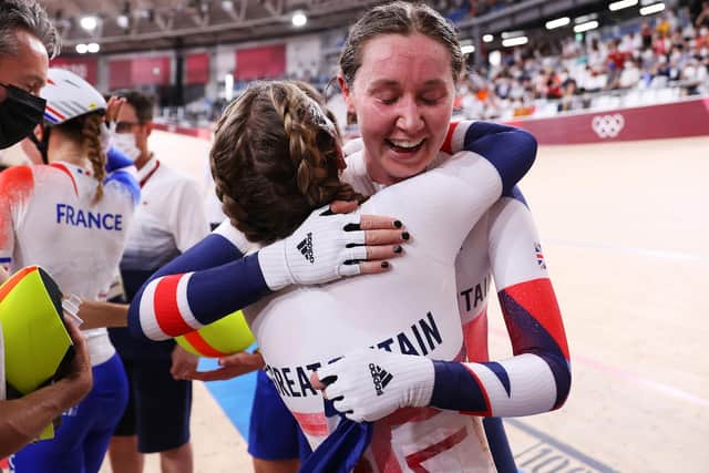 Joy for Katie Archibald and Laura Kenny following their win in the women's Olympic Madison final at Izu Velodrome. Picture: Justin Setterfield/Getty Images