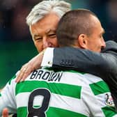 Celtic captain Scott Brown embraces  chief executive Peter Lawwell at full time of the club's treble treble earning Scottish Cup win in May 2019. (Photo by Bill Murray/SNS Group).