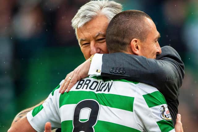 Celtic captain Scott Brown embraces  chief executive Peter Lawwell at full time of the club's treble treble earning Scottish Cup win in May 2019. (Photo by Bill Murray/SNS Group).