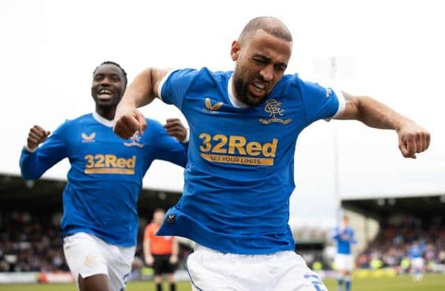 Kemar Roofe celebrates after completing his hat-trick in Rangers' Premiership victory over St Mirren in Paisley on Sunday. (Photo by Craig Williamson / SNS Group)