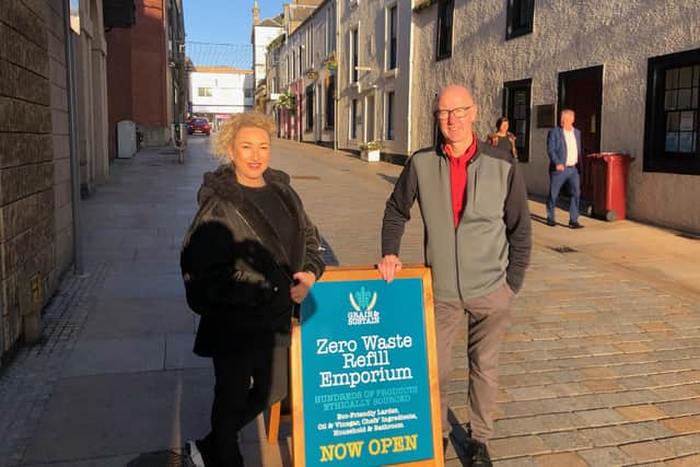 Louise Canny with Cllr Alistair Cameron at the grand opening of Grain and Sustain.