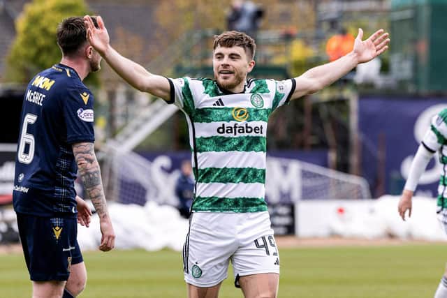Celtic's James Forrest celebrates after scoring the first of his double in the 2-1 win over Dundee. (Photo by Ross Parker / SNS Group)