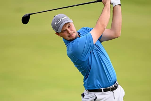Jack McDonald plays his second shot on the 16th hole in a practice round prior to the 152nd Open at Royal Troon. Picture: Ross Kinnaird/Getty Images.