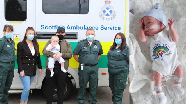 A Scottish baby born premature meets the crew who saved his life.