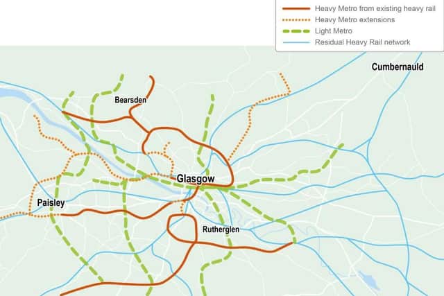 Clyde Metro could comprise some existing rail lines (in brown) with extensions in light brown and green