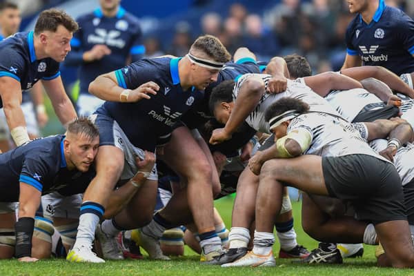 Murphy Walker, centre, packs down against Fiji on his Scotland debut.   (Photo by Ross MacDonald / SNS Group)