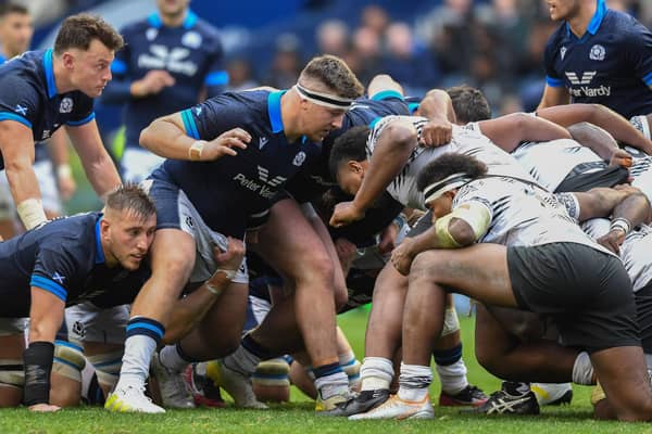 Murphy Walker, centre, packs down against Fiji on his Scotland debut.   (Photo by Ross MacDonald / SNS Group)