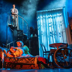 Chris Jordan-Marshall as Tom Wingfield, Sara Stewart as Amanda Wingfield and Amy Conachan as Laura Wingfield in The Glass Menagerie