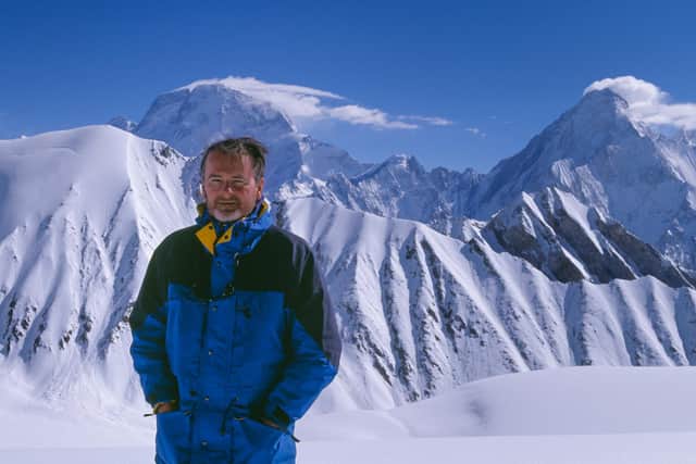 Colin Prior on the Gondogoro La, with K2 (8611m), Broad Peak (8047m) and Gasherbrum IV (7925m) beyond