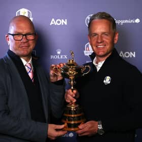 Ryder Cup Europe executive director Guy Kinnings with Luke Donald following his re-appointment as the European captain. Picture: Warren Little/Getty Images.