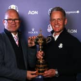 Ryder Cup Europe executive director Guy Kinnings with Luke Donald following his re-appointment as the European captain. Picture: Warren Little/Getty Images.