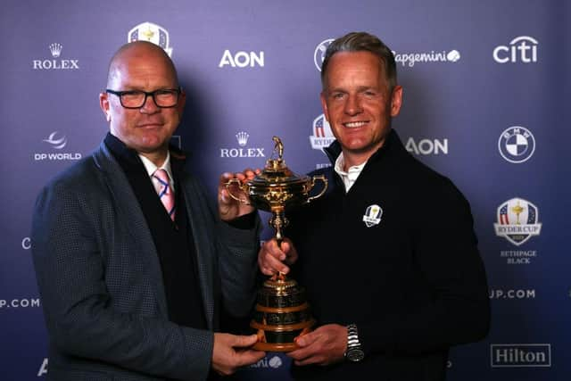 Ryder Cup Europe executive director Guy Kinnings with Luke Donald following his re-appointment as the European captain. Picture: Warren Little/Getty Images.