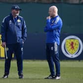 Scotland manager Steve Clarke (left) in coversation with coach Steven Naismith during a training session on Tuesday ahead of the friendly international against Poland at Hampden on Thursday night. (Photo by Craig Williamson / SNS Group)