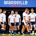Scotland winger Darcy Graham, centre, and team-mates train at the Velodrome Stadium in Marseille ahead of Sunday's Rugby World Cup match against South Africa. (Photo by CLEMENT MAHOUDEAU/AFP via Getty Images)