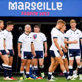 Scotland winger Darcy Graham, centre, and team-mates train at the Velodrome Stadium in Marseille ahead of Sunday's Rugby World Cup match against South Africa. (Photo by CLEMENT MAHOUDEAU/AFP via Getty Images)