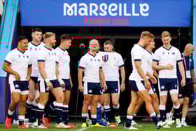 Scotland winger Darcy Graham, centre, and team-mates train at the Velodrome Stadium in Marseille ahead of Sunday's Rugby World Cup match against South Africa. (Photo by CLEMENT MAHOUDEAU/AFP via Getty Images)