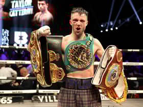 Josh Taylor celebrates victory against Jack Catterall at the OVO Hydro, Glasgow.