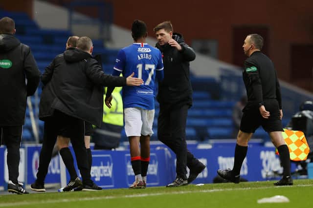 Joe Aribo is congratulated by Rangers manager Steven Gerrard at the end of the Ibrox side's 1-0 win at home to Hibs on Boxing Day. (Photo by Ian MacNicol/Getty Images)