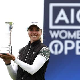 Germany's Sophia Popov poses with the trophy following victory in the AIG Women's Open at Royal Troon. Picture: R&A handout via Getty Images