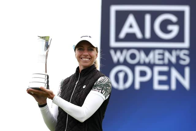 Germany's Sophia Popov poses with the trophy following victory in the AIG Women's Open at Royal Troon. Picture: R&A handout via Getty Images