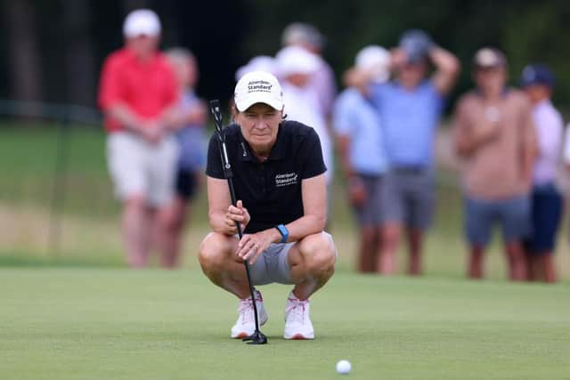 Catriona Matthew lines up a putt during the final round of the 2021 US Senior Women's Open. Picture: Rich Schultz/Getty Images.