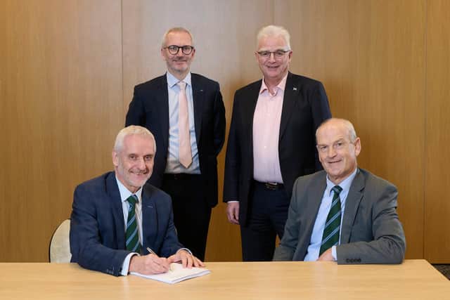 Sandy Grant (Tulloch Homes managing director), Innes Smith (Springfield chief executive) , Sandy Adam (Springfield chairman) George Fraser (Tulloch Homes). Picture: Ewen Weatherspoon