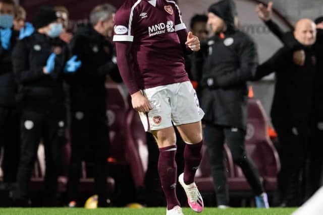 Hearts' Stephen Kingsley celebrates making it 2-0 with a free kick against St Mirren. (Photo by Ross Parker / SNS Group)