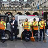 Council leader Cammy Day and Environment Convener Scott Arthur with additional waste and cleansing operatives. (Photo credit: Lisa Ferguson)