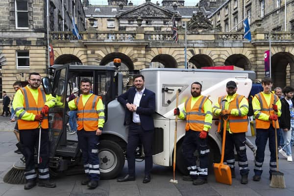 Council leader Cammy Day and Environment Convener Scott Arthur with additional waste and cleansing operatives. (Photo credit: Lisa Ferguson)