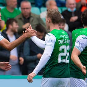 Christian Doidge, left, celebrates with Jake Doyle-Hayes after scoring in Hibs' 3-0 win over Ross County.