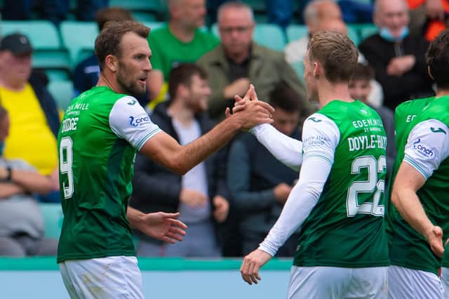 Christian Doidge, left, celebrates with Jake Doyle-Hayes after scoring in Hibs' 3-0 win over Ross County.