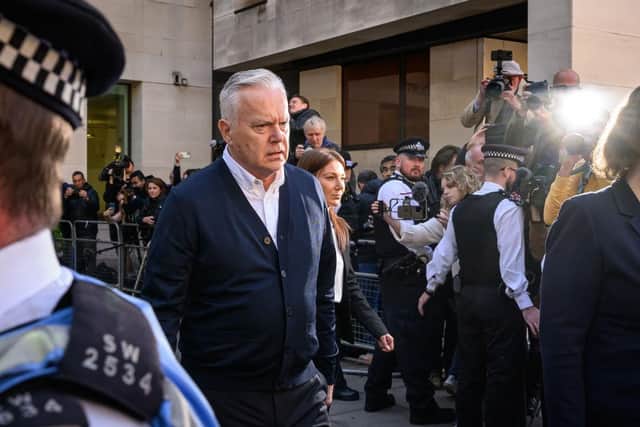 Former BBC broadcaster Huw Edwards leaves Westminster Magistrates' Court last week after receiving a six-month jail sentence suspended for two years for accessing indecent images of children (Picture: Leon Neal/Getty Images)