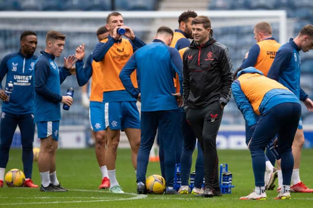 Steven Gerrard oversees a training session ahead of this afternoon's match against Hearts.