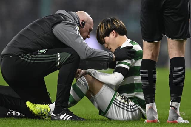 Celtic forward Kyogo Furuhashi suffered injury in the first half.
